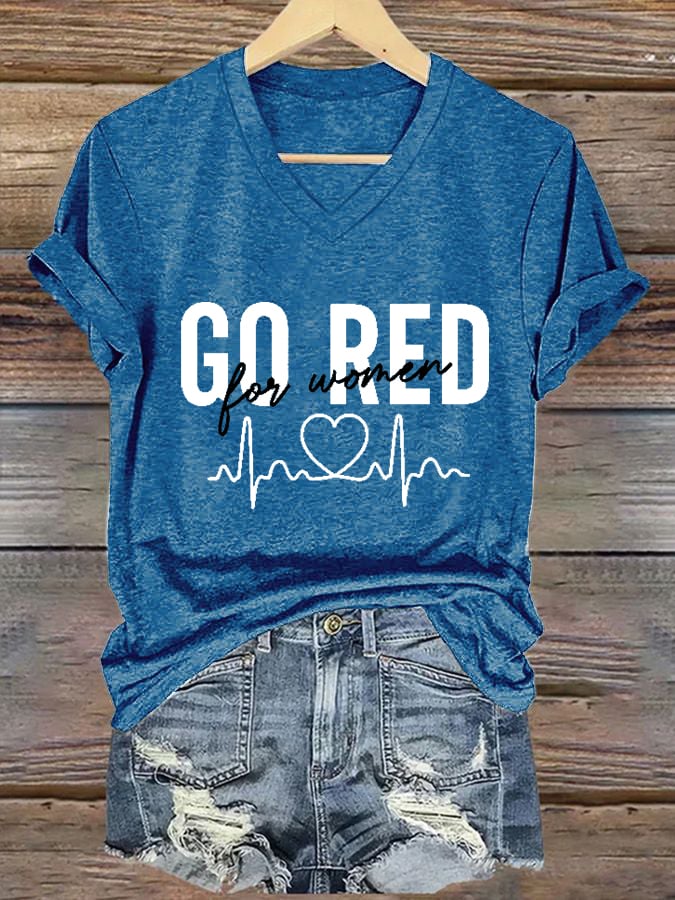 Women's Casual Heart Disease Awareness Printed Short-Sleeve T-Shirt