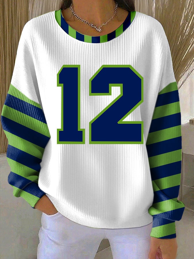Women's Football Print Knit Crew Neck Long Sleeve Top