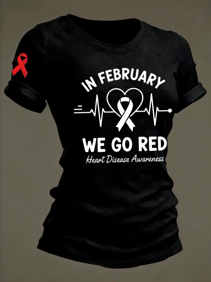 Women's In February We Go Red For Heart Disease Awareness Red Ribbon T-shirt