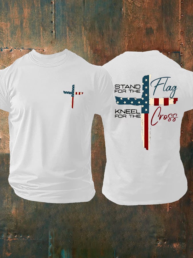 Men's Stand For The Flag Kneel For The Cross Printed Casual T-Shirt