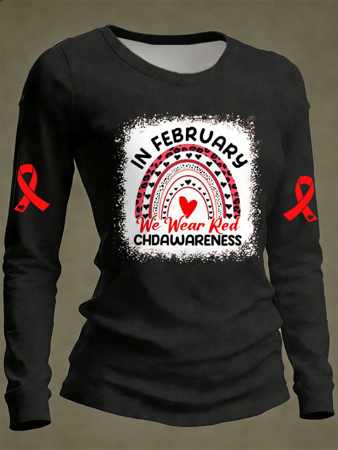 Women's Casual Heart Disease Awareness IN FEBRUARY We Wear Red Print Long-Sleeve T-Shirt