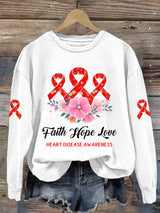 Women's Casual Heart Disease Awareness In February Wear Red Printed Long-Sleeve Sweatshirt