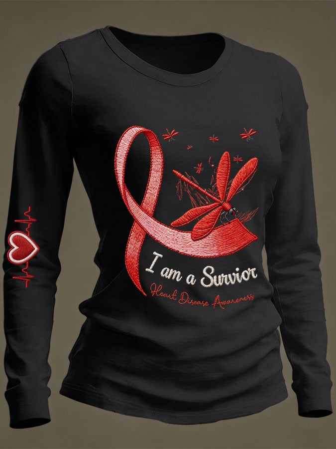 Women's Casual Heart Disease Awareness Print Long-Sleeve T-Shirt