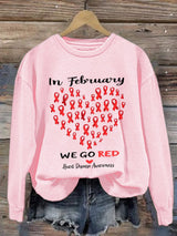 Women's Casual Heart Disease Awareness In February Wear Red Printed Long-Sleeve Sweatshirt