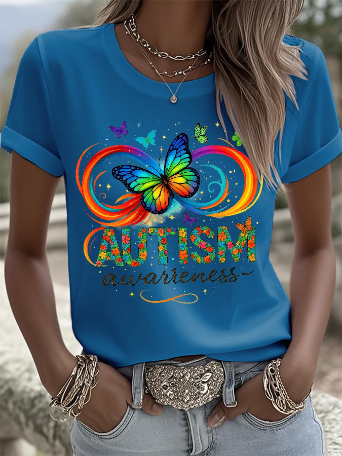 Retro Autism Awareness Butterfly Infinity Print T-Shirt