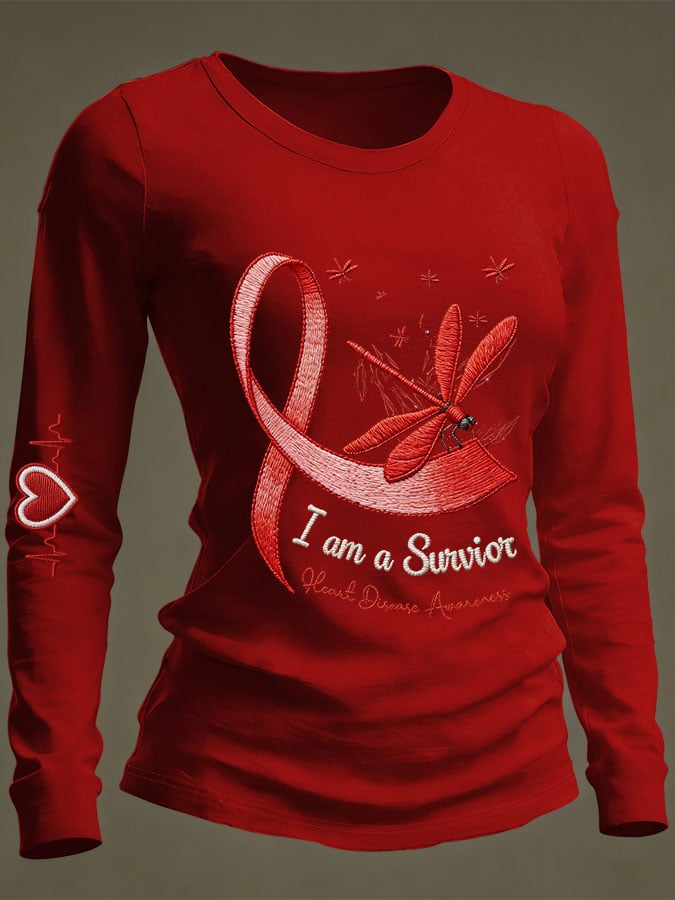 Women's Casual Heart Disease Awareness Print Long-Sleeve T-Shirt