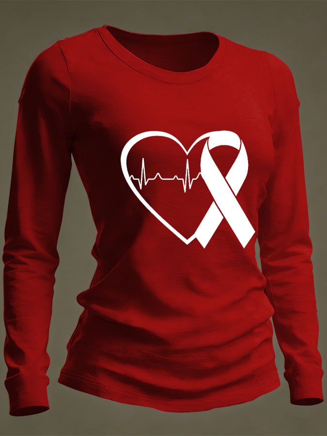 Women's Casual Heart Disease Awareness Print Long-Sleeve T-Shirt