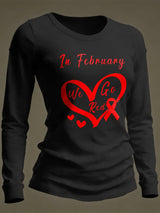 Women's Casual Heart Disease Awareness Print Long-Sleeve T-Shirt