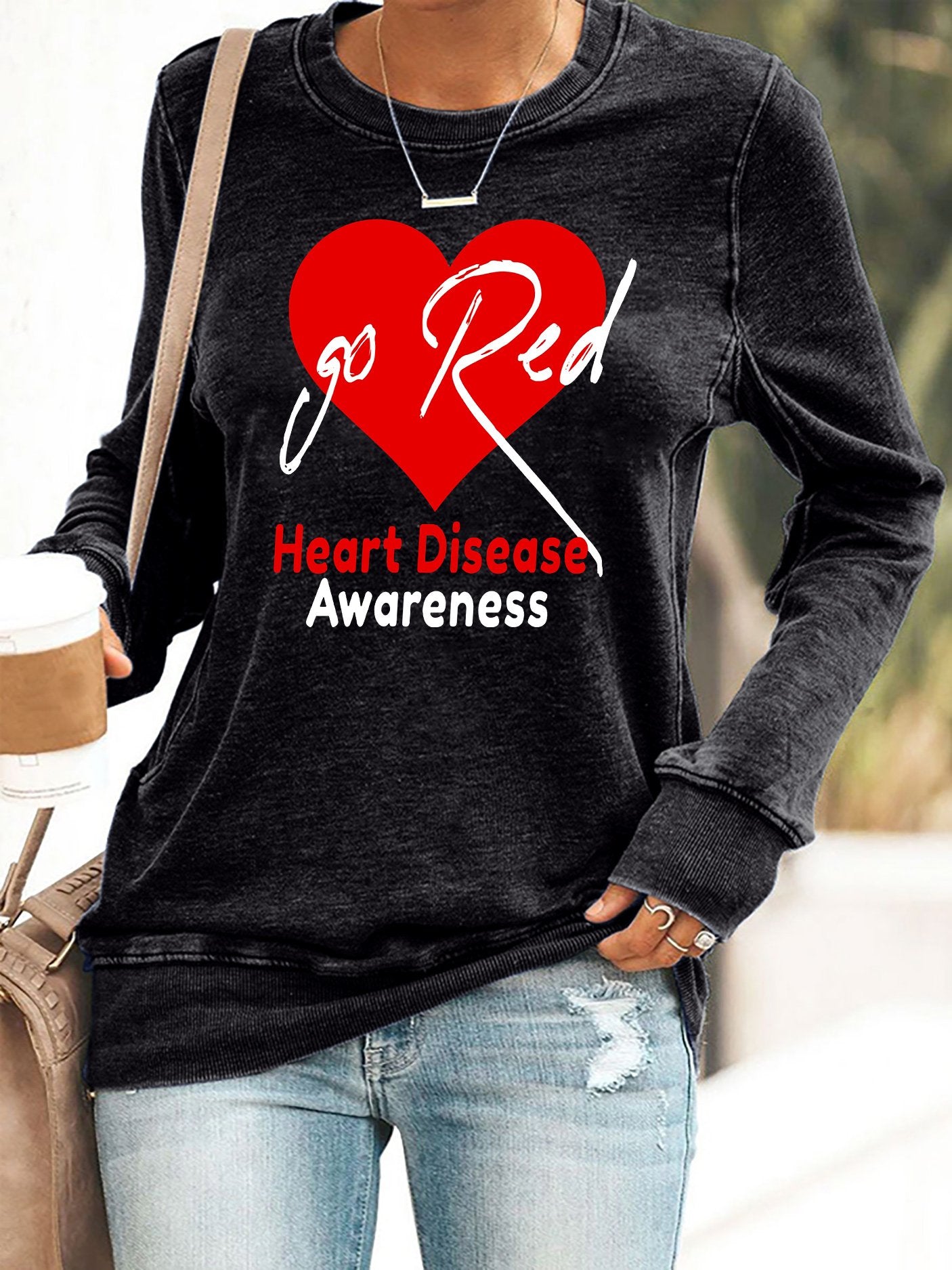 Women's Casual Heart Disease Awareness Printed Sweatshirt