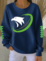 Women's Rugby Print Knit Crew Neck Long Sleeve Top