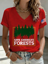 V-Neck Retro Save America's Forests Print T-Shirt