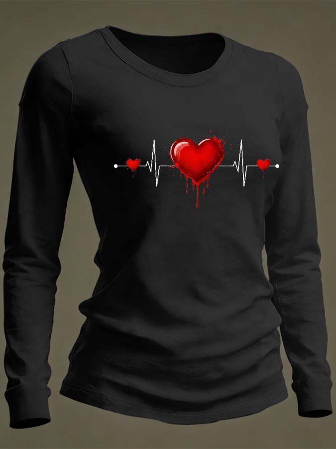 Women's Casual Heart Disease Awareness Print Long-Sleeve T-Shirt