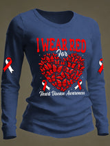 Women's Casual Heart Disease Awareness Print Long-Sleeve T-Shirt