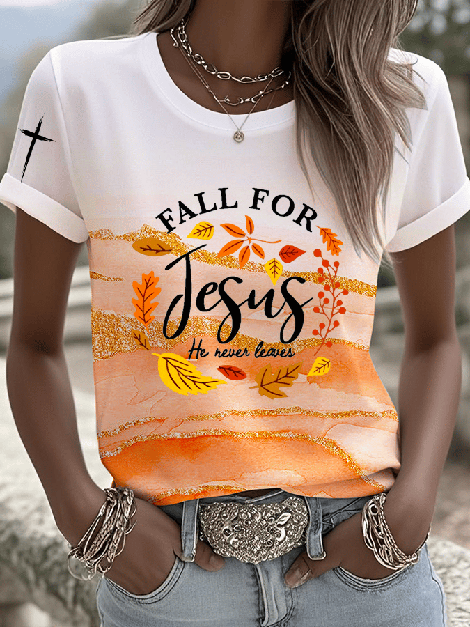 Women's Retro Fall For Jesus He Never Leaves Printed Casual T-Shirt