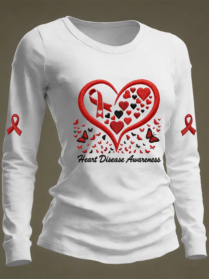 Women's Casual Heart Disease Awareness Print Long-Sleeve T-Shirt