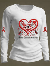 Women's Casual Heart Disease Awareness Print Long-Sleeve T-Shirt
