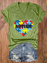 Women'S Autism Print  V Neck Casual T-Shirt