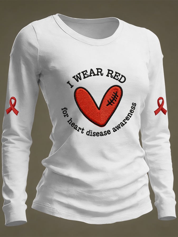 Women's Casual Heart Disease Awareness Print Long-Sleeve T-Shirt