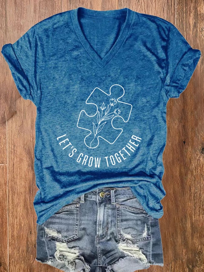 Women'S Autism Let's Grow Gogether Print  V Neck Casual T-Shirt