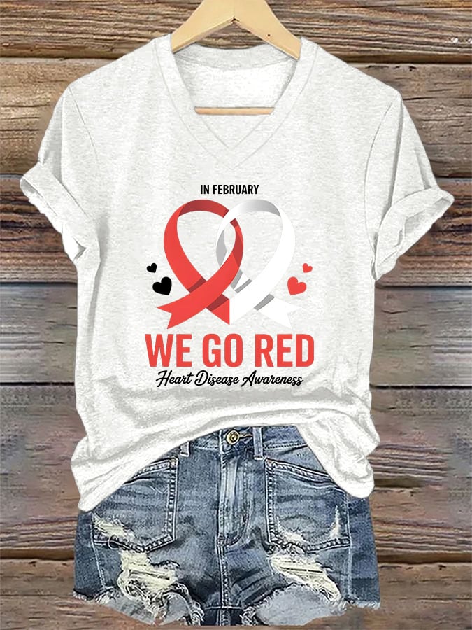 Women's Casual Heart Disease Awareness Printed Short-Sleeve T-Shirt