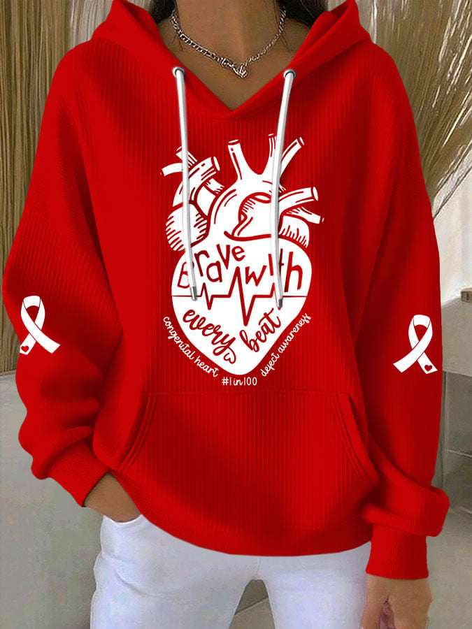 Women's Heart Disease Awareness Brave with every beat Print Long-Sleeve Hooded Sweatshirt