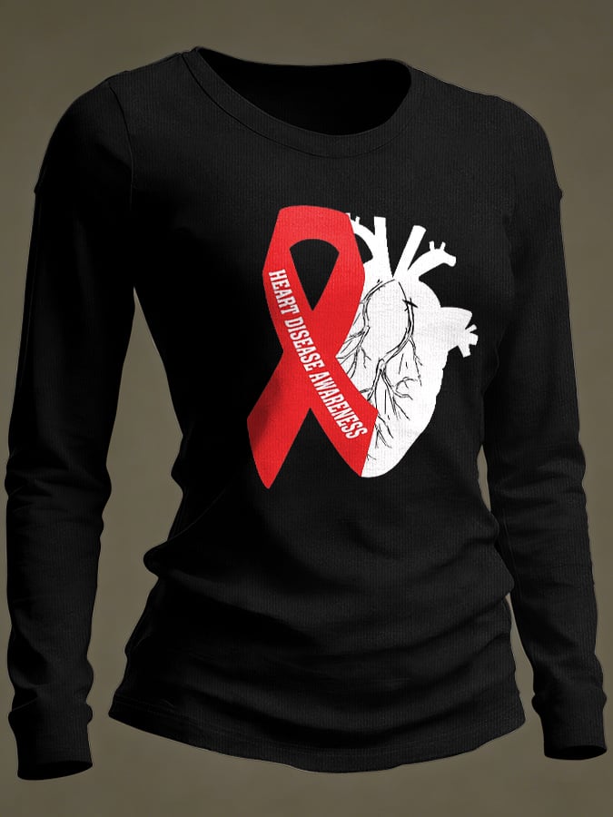 Women's Casual Heart Disease Awareness Print Long-Sleeve T-Shirt