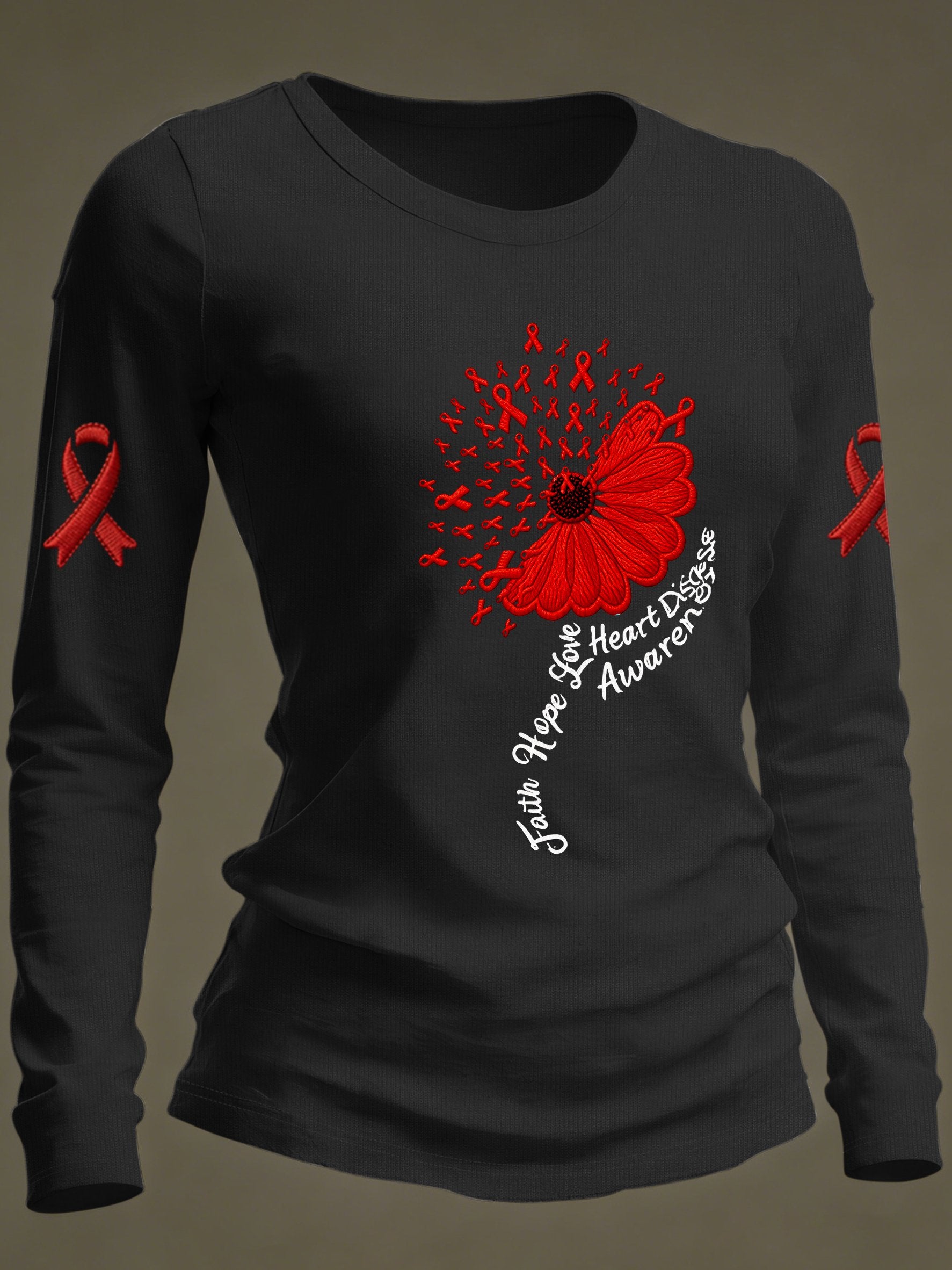 Women's Casual Heart Disease Awareness Print Long-Sleeve T-Shirt