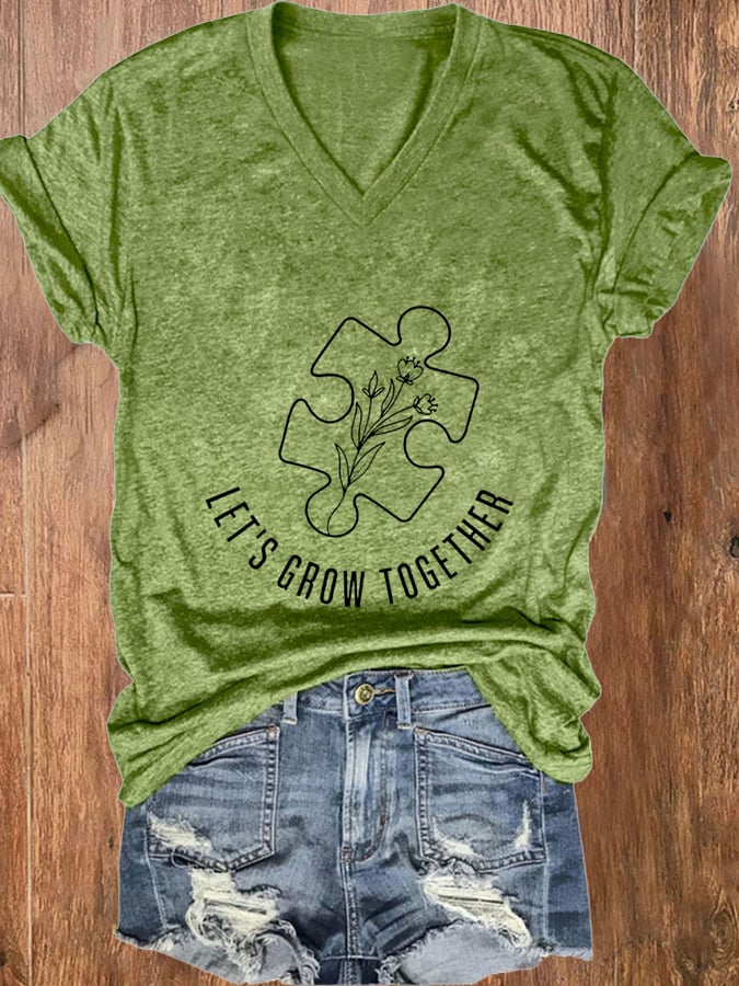 Women'S Autism Let's Grow Gogether Print  V Neck Casual T-Shirt