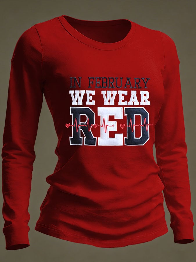 Women's Casual Heart Disease Awareness Print Long-Sleeve T-Shirt