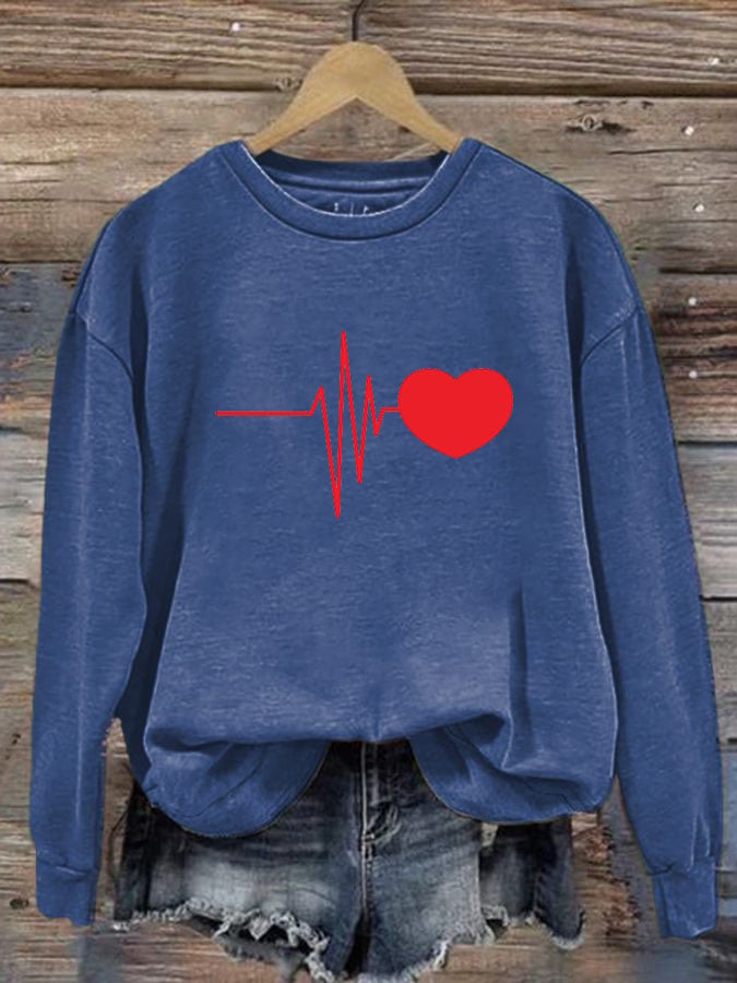 Women's Casual Heart Disease Awareness In February Wear Red Printed Long-Sleeve Sweatshirt