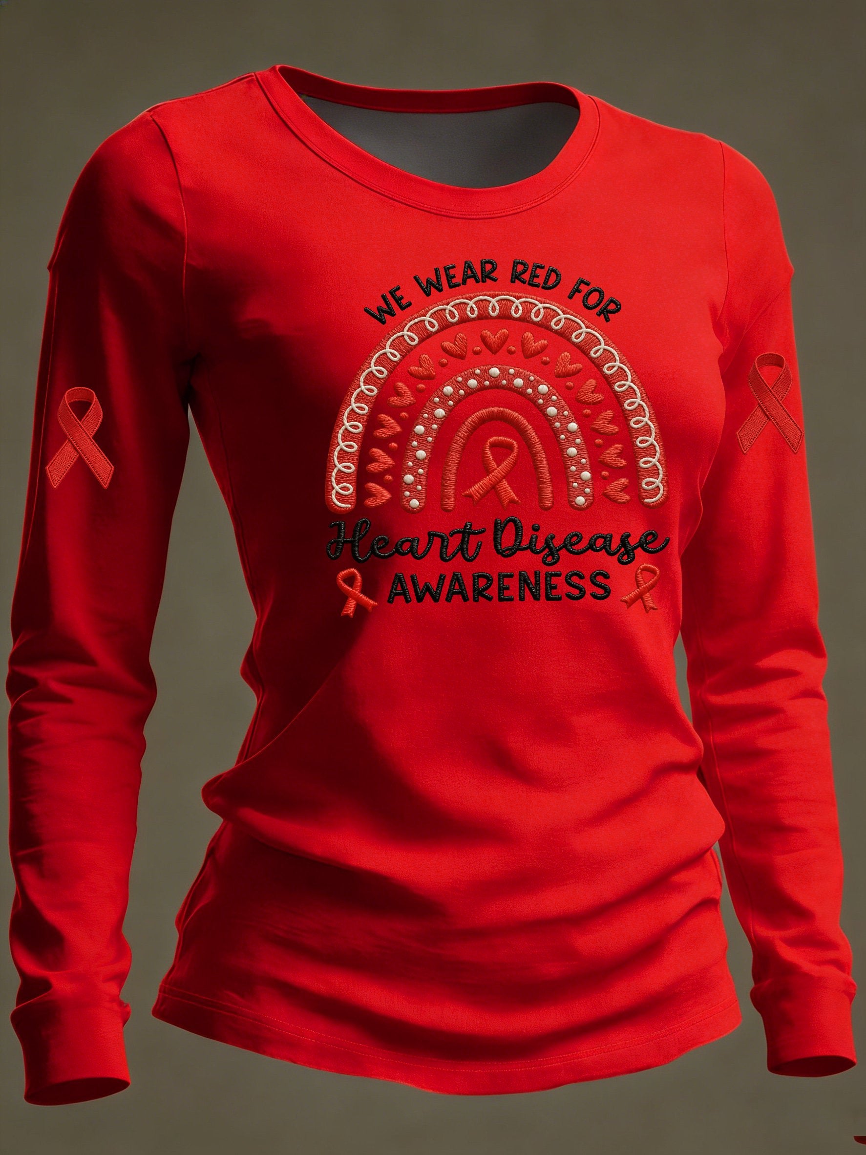Women's Casual Heart Disease Awareness Print Long-Sleeve T-Shirt