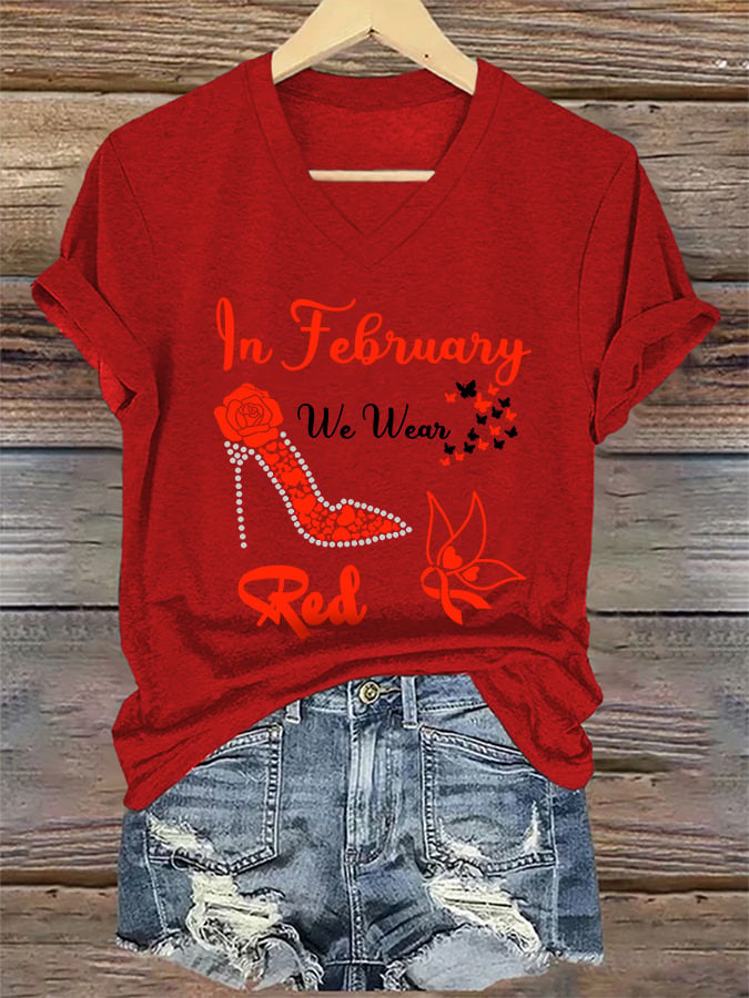 Women's Casual Heart Disease Awareness Printed Short-Sleeve T-Shirt