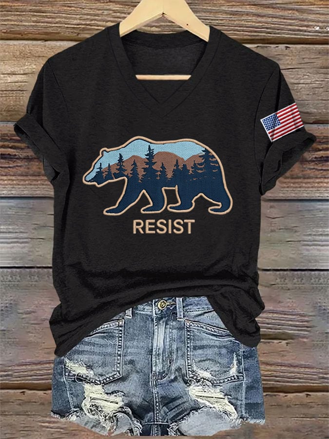 Women's V-Neck Retro Resist Save The Forest Service Print T-Shirt