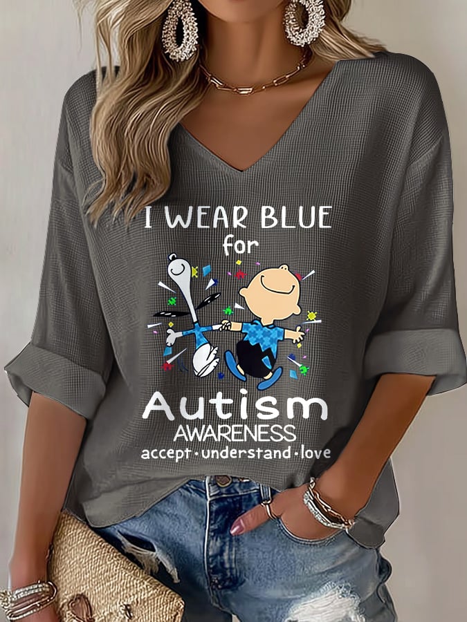 V-Neck Retro Autism Awareness I Wear Blue For Autism Accept, Understand, Love Print T-Shirt