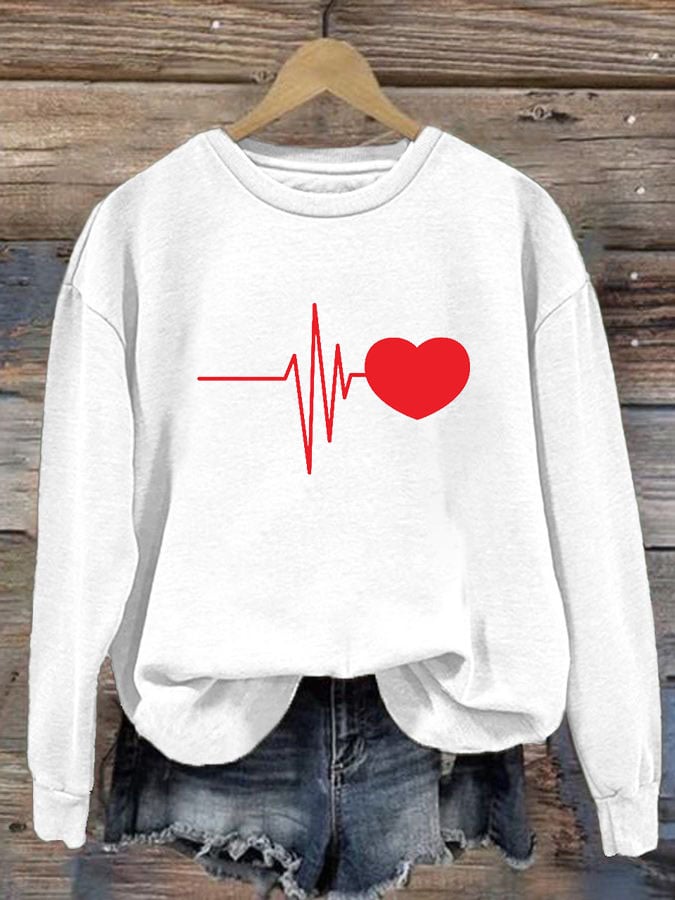 Women's Casual Heart Disease Awareness In February Wear Red Printed Long-Sleeve Sweatshirt
