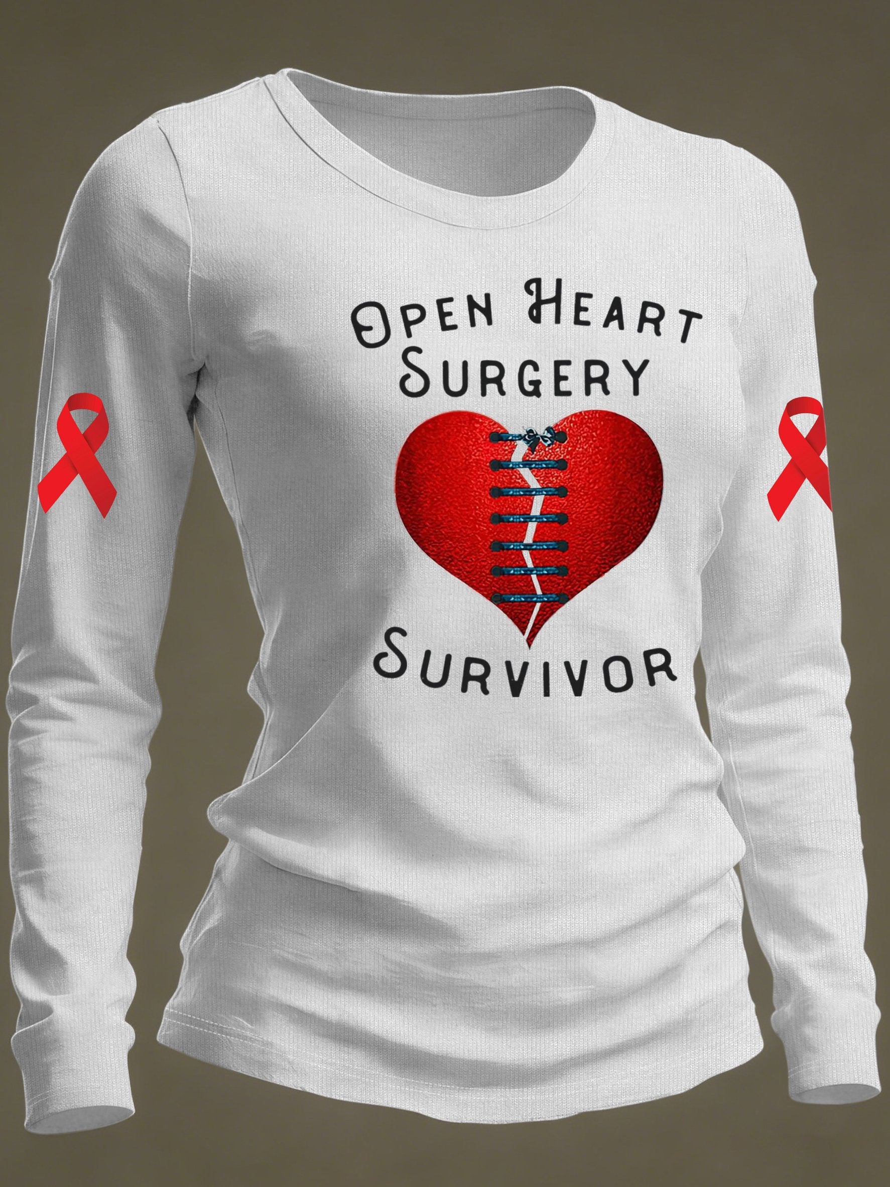 Women's casual long-sleeved T-shirt with "OPEN HEART SURGERY SURVIVOR" print