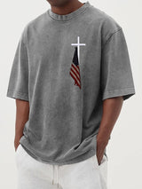 Men's Vintage Flag Cross Print Cotton Washed T-Shirt