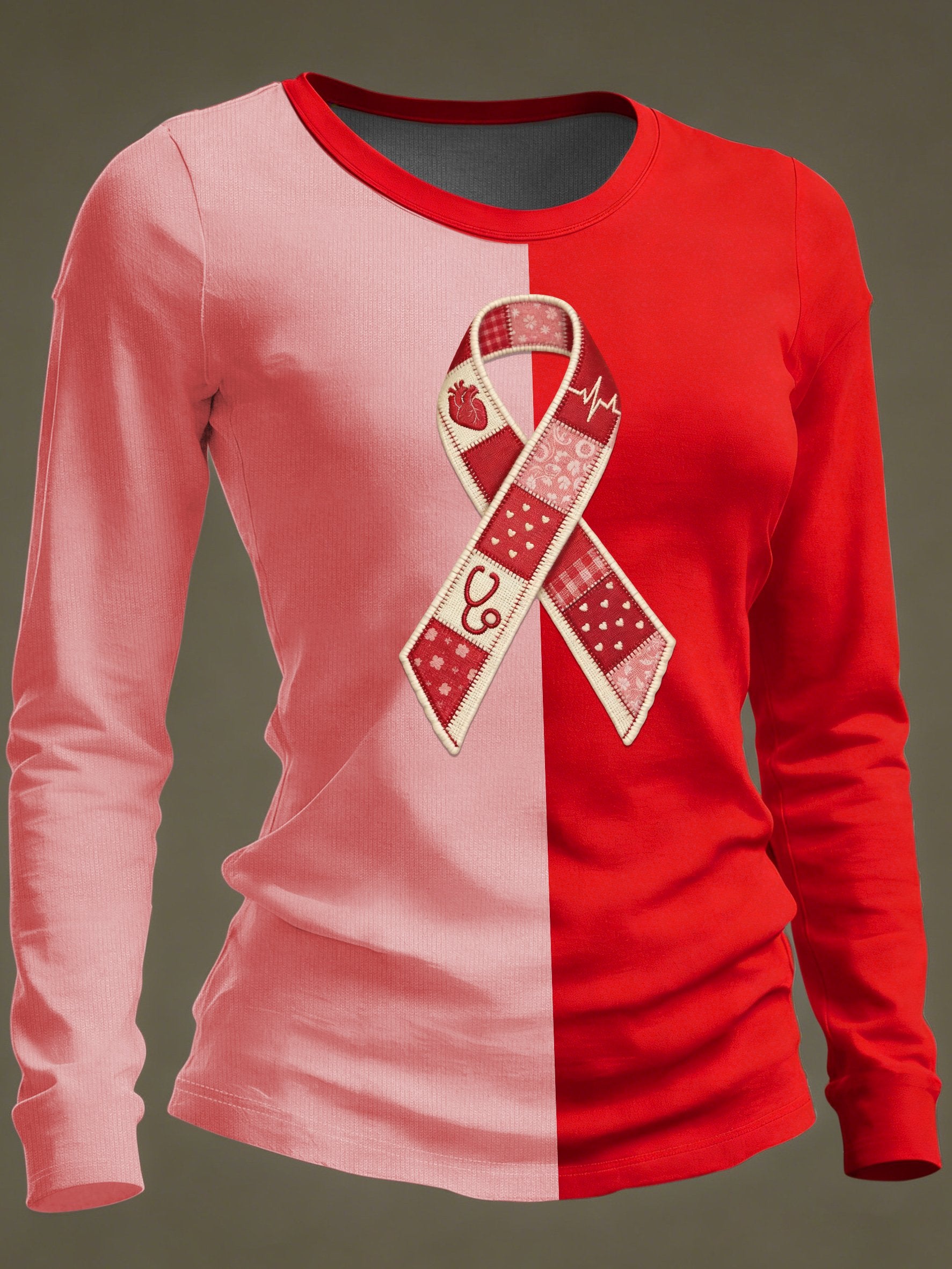 Women's Casual Heart Disease Awareness Print Long-Sleeve T-Shirt
