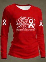 Women's Casual Heart Disease Awareness Print Long-Sleeve T-Shirt