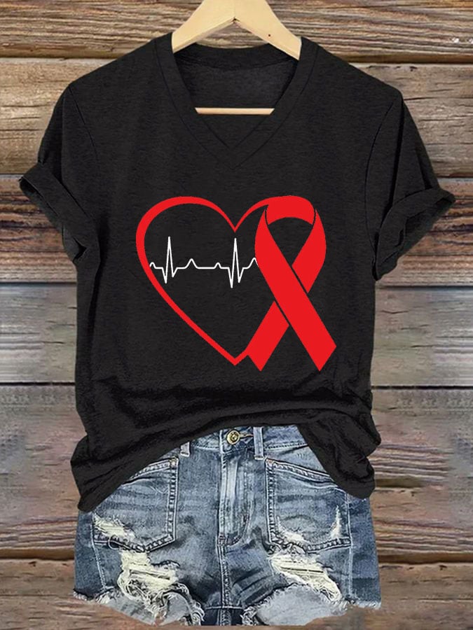 Women's Casual Heart Disease Awareness Printed Short-Sleeve T-Shirt