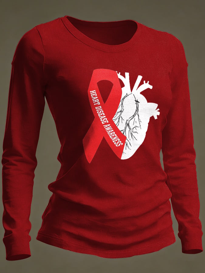 Women's Casual Heart Disease Awareness Print Long-Sleeve T-Shirt