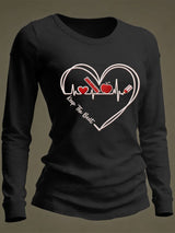 Women's Casual Heart Disease Awareness Print Long-Sleeve T-Shirt