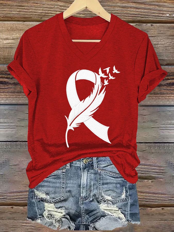 Women's Heart Disease Awareness Red Ribbon Print Casual T-shirt