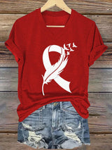 Women's Heart Disease Awareness Red Ribbon Print Casual T-shirt