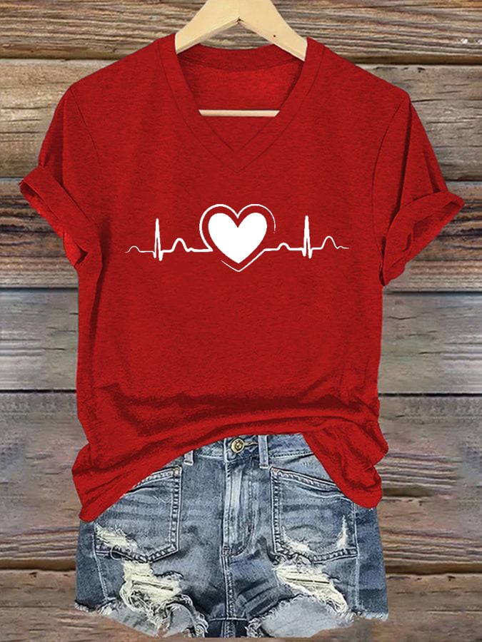 Women's Casual Heart Disease Awareness Printed Short-Sleeve T-Shirt