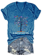 V-neck Butterfly Tree Autism Awareness In April We Wear Blue Print T-Shirt