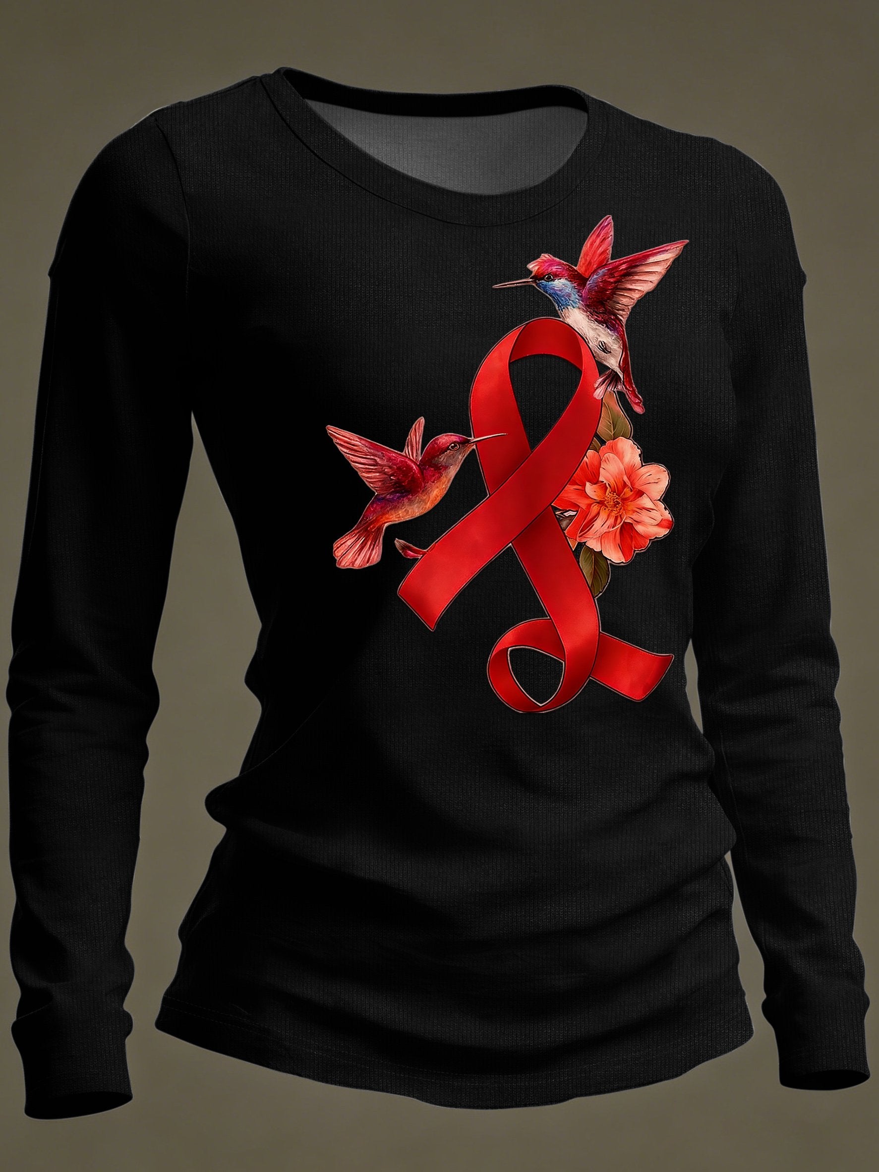 Women's Casual Heart Disease Awareness Print Long-Sleeve T-Shirt