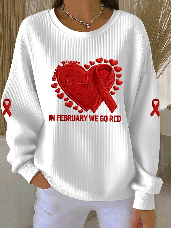 Women's Casual Heart Disease Awareness Print Long Sleeve Knit Top