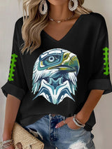 Women's Rugby Print Waffle Long Sleeve T-Shirt