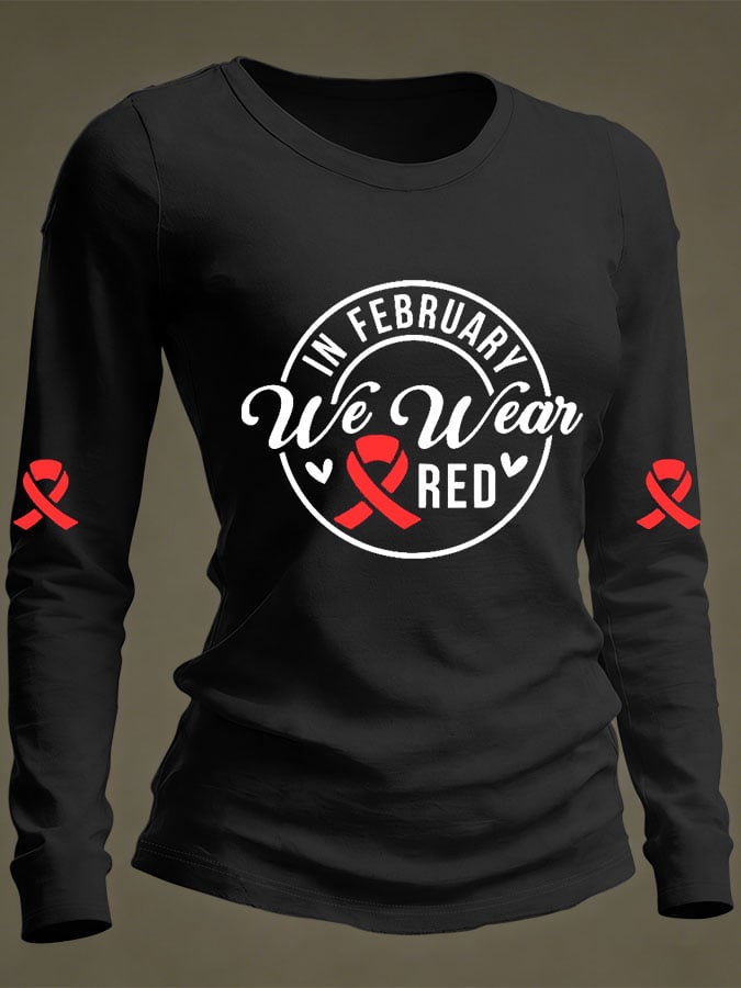 Women's Casual Heart Disease Awareness Print Long-Sleeve T-Shirt